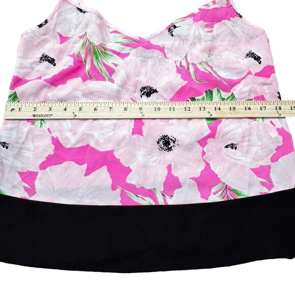 French Connection Pink Floral V Neck Camisole Tank Black Trim Size Medium - Picture 4 of 9